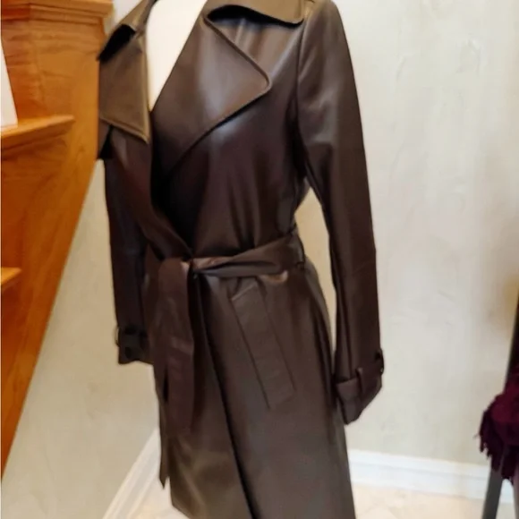 Tahari Dark Brown Faux Leather Trench Coat Never Worn - Picture 6 of 6